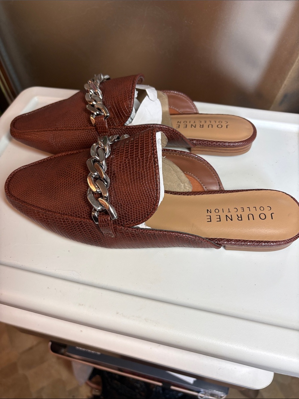 Journee Collection Brown Faux-Lizard Slip-On Mules with Silver Chain